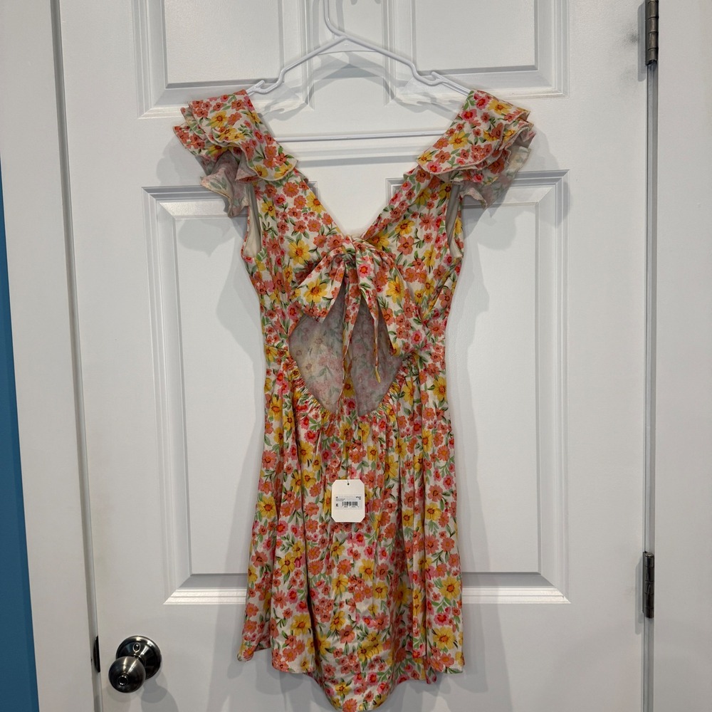 Altar'd State Mini Dress Pink Yellow Floral Tie Back Ruffle Size XS - Picture 5 of 9